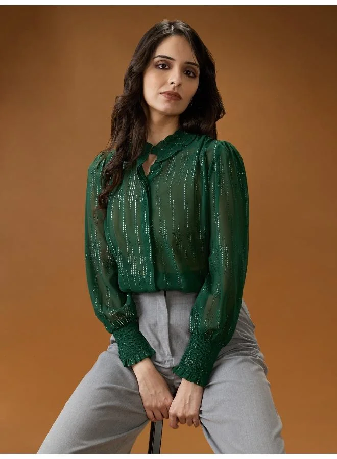 globus Globus Women Green Frilled Neck Bishop Sleeves Sequinned detail Georgette Shirt Style Top